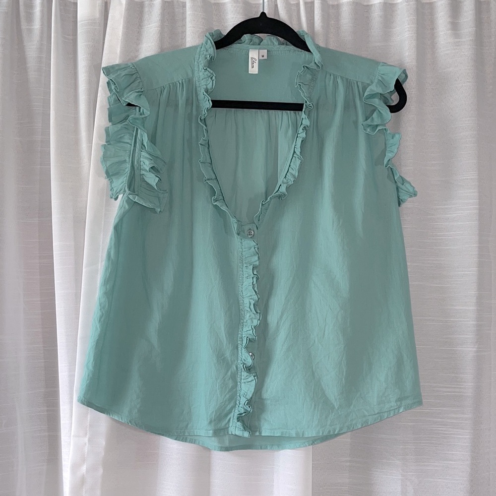Elan Ruffled Soft Teal Blouse
